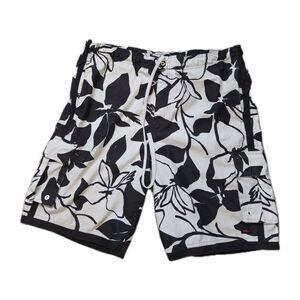 Hawk Floral Board Shorts Mens XL Black White Swim Trunks Cargo Pockets Y2K GUC